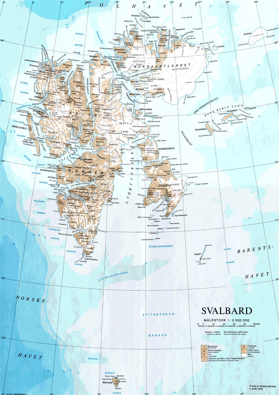 Large detailed map of Svalbard with relief and other marks