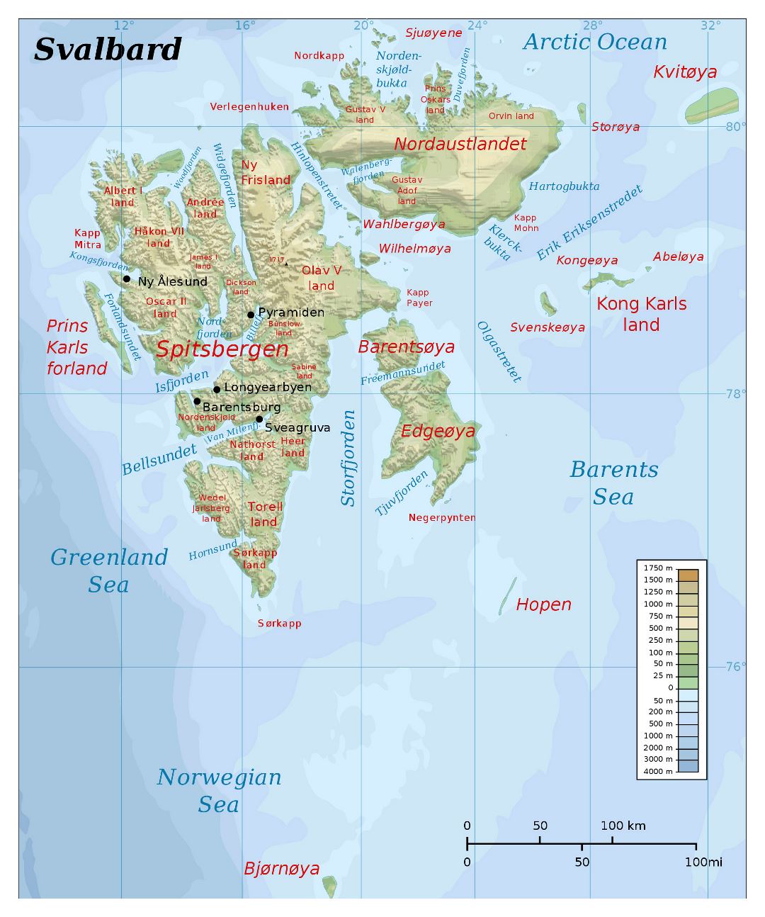 Large detailed physical map of Svalbard