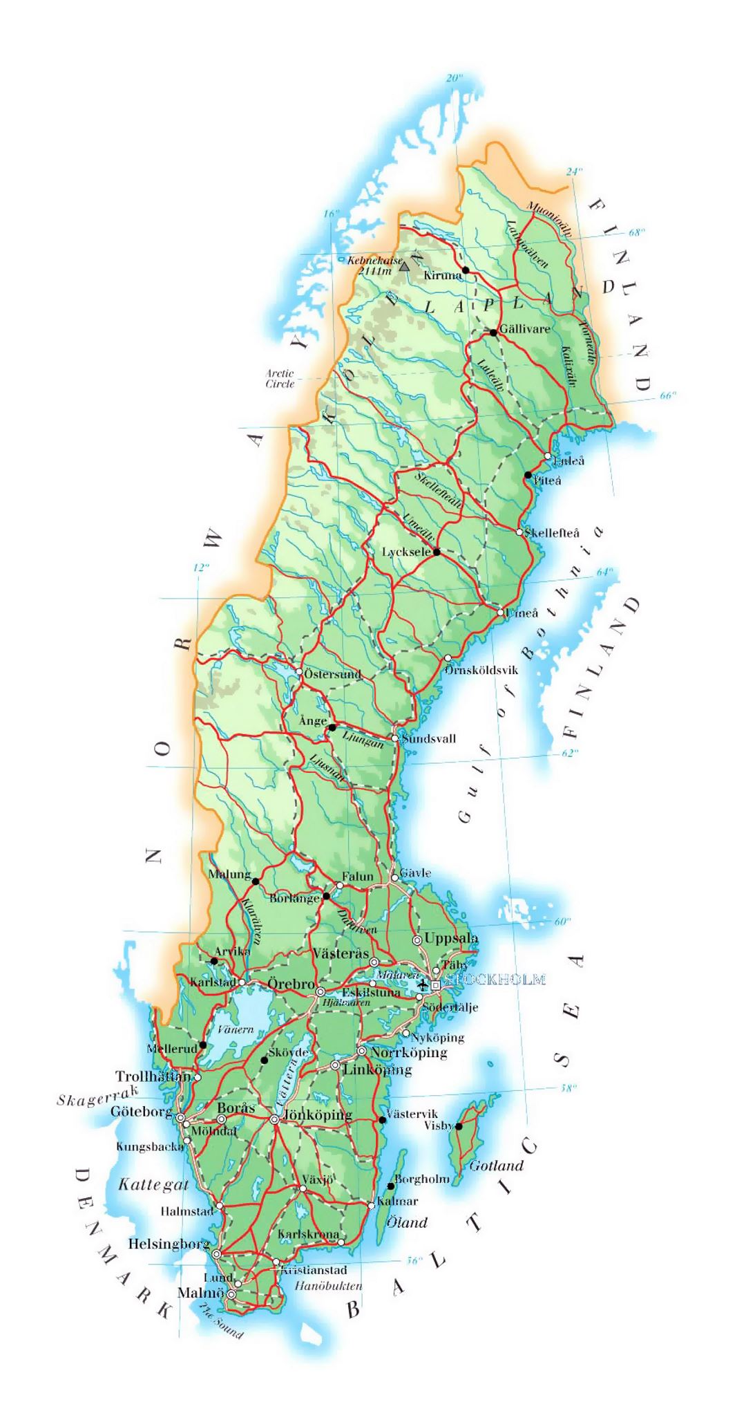 Detailed elevation map of Sweden with roads, cities and airports