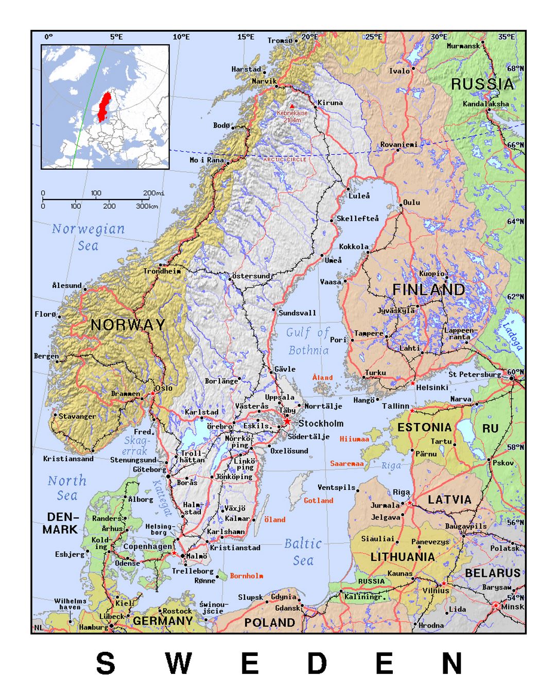 Detailed political map of Sweden with relief