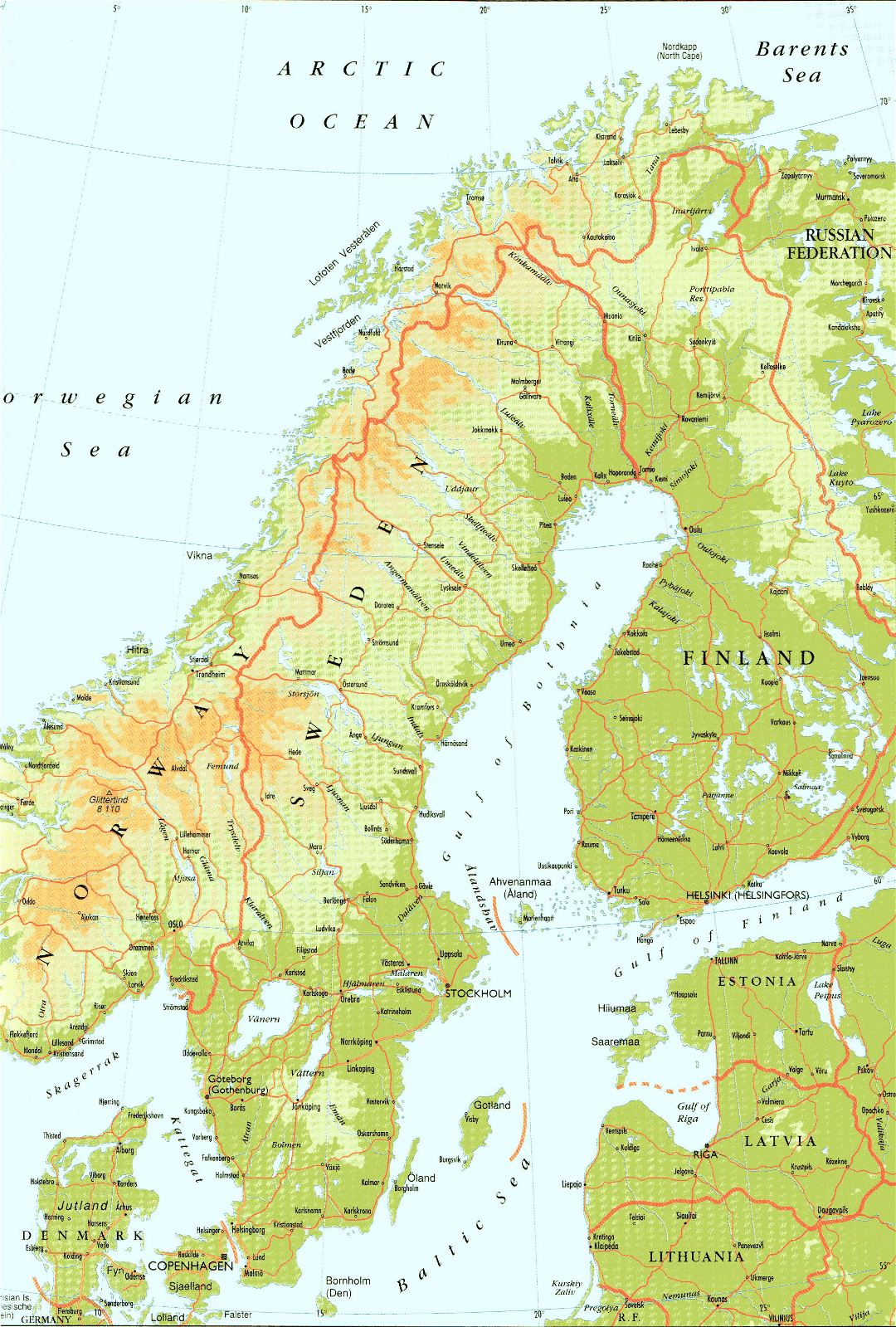 Large detailed elevation map of Sweden with roads and cities