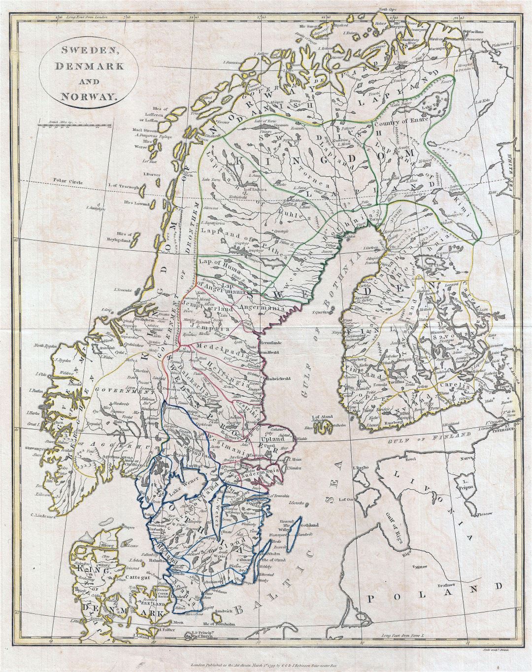 Large detailed old political map of Sweden, Denmark and Norway with cities - 1799
