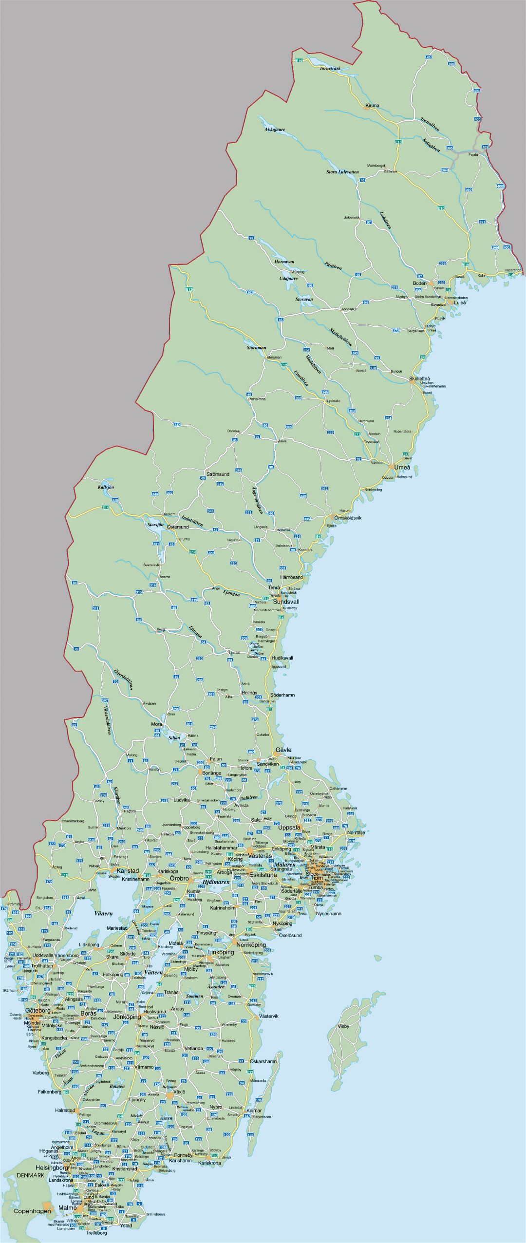 Large detailed road map of Sweden