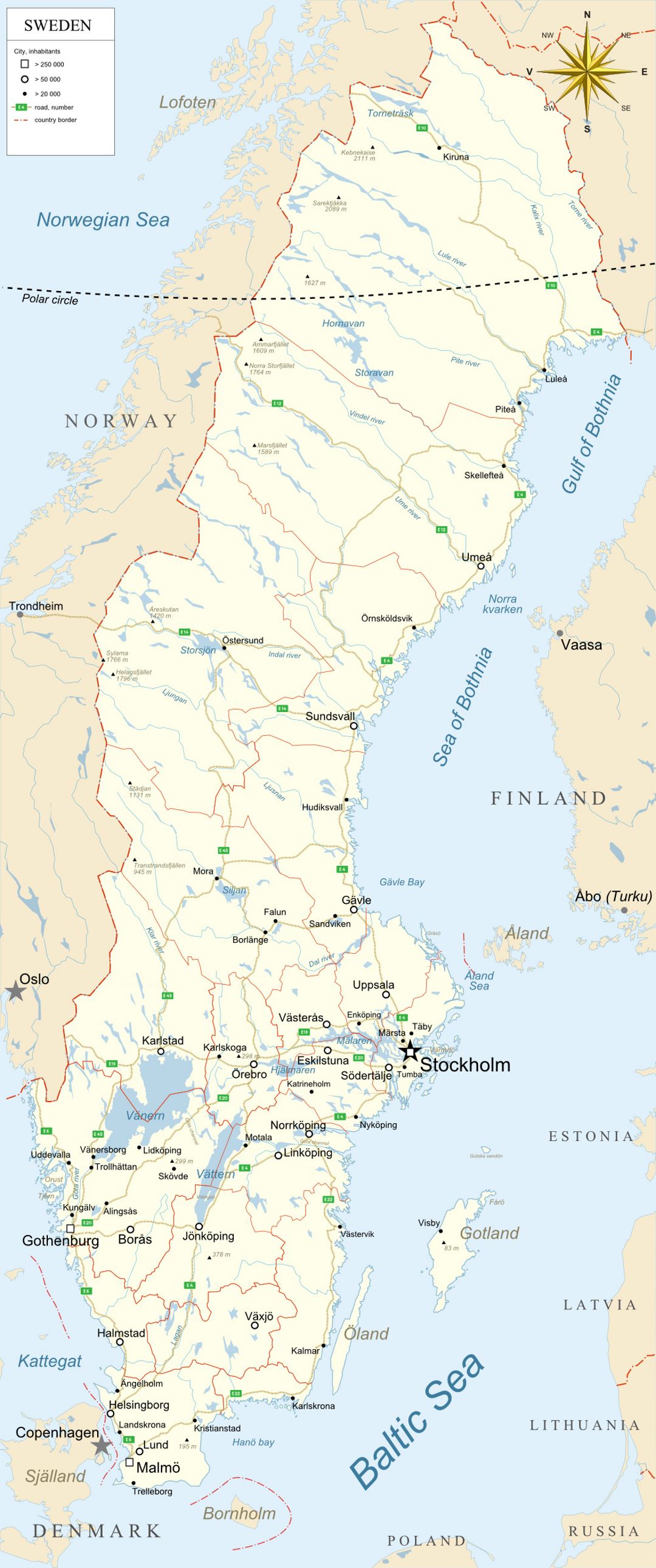 Large map of Sweden with administrative divisions, roads and major cities