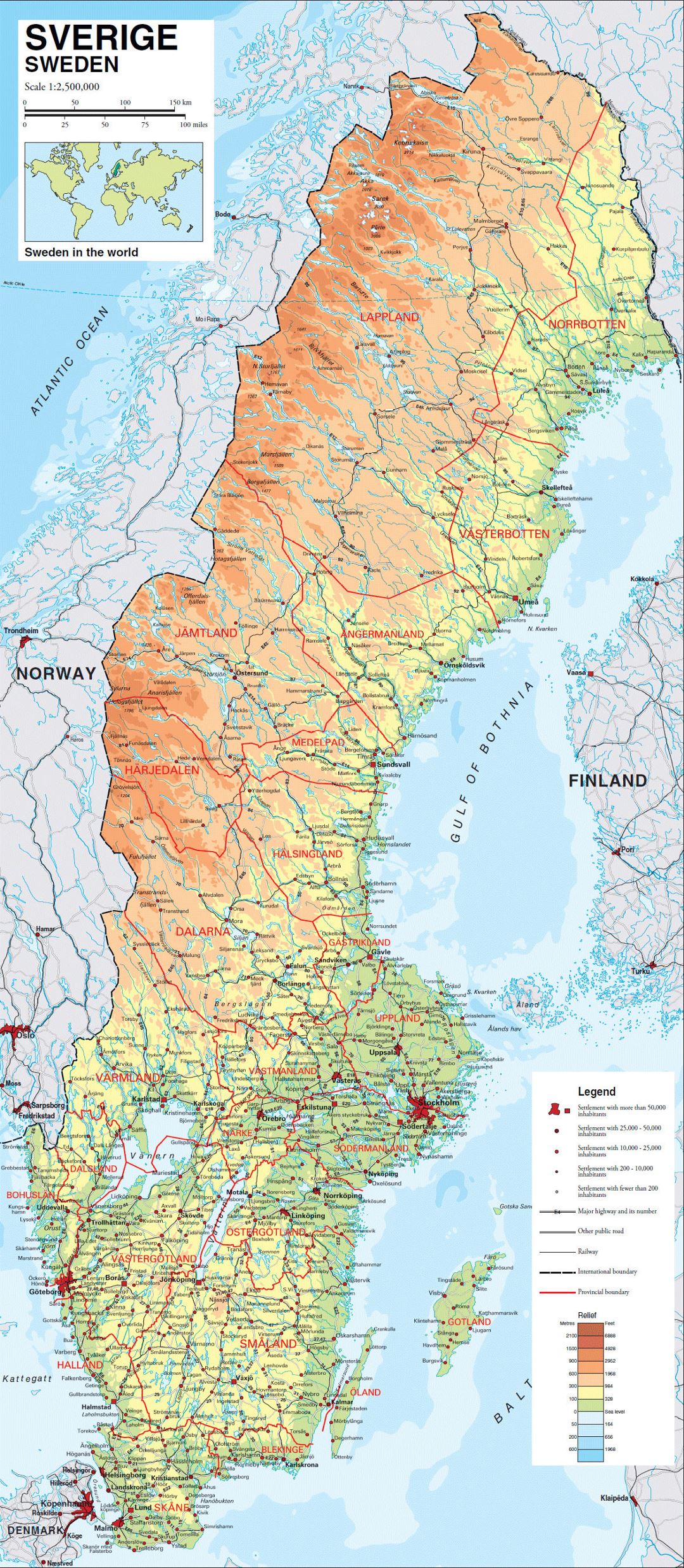 Large physical map of Sweden with roads, railroads and cities