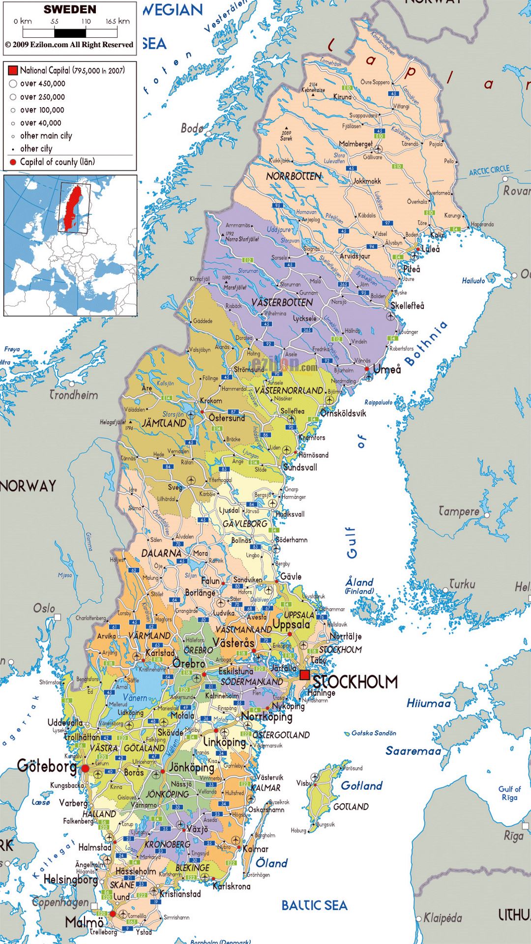 Large political and administrative map of Sweden with roads, cities and airports