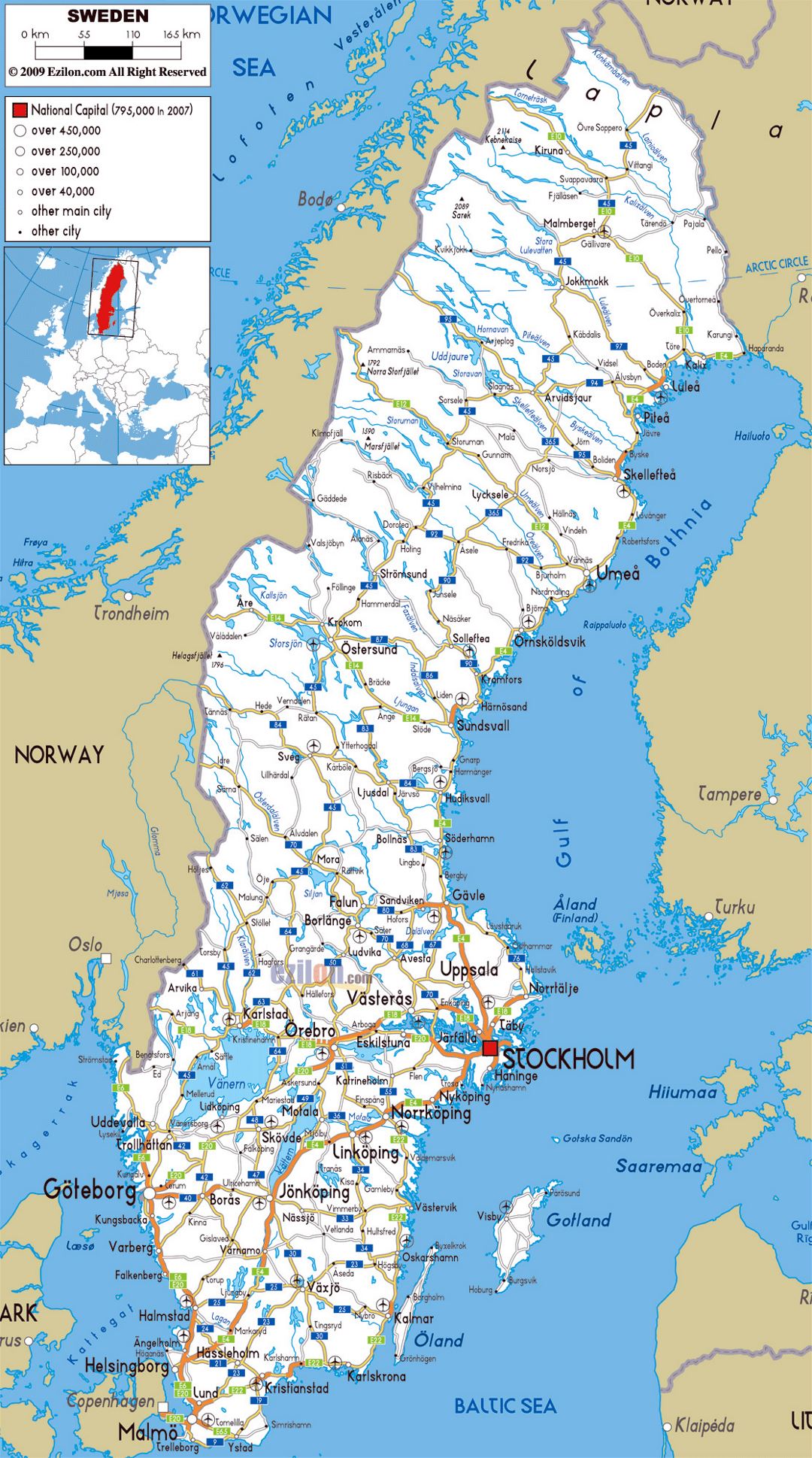 Large road map of Sweden with cities and airports