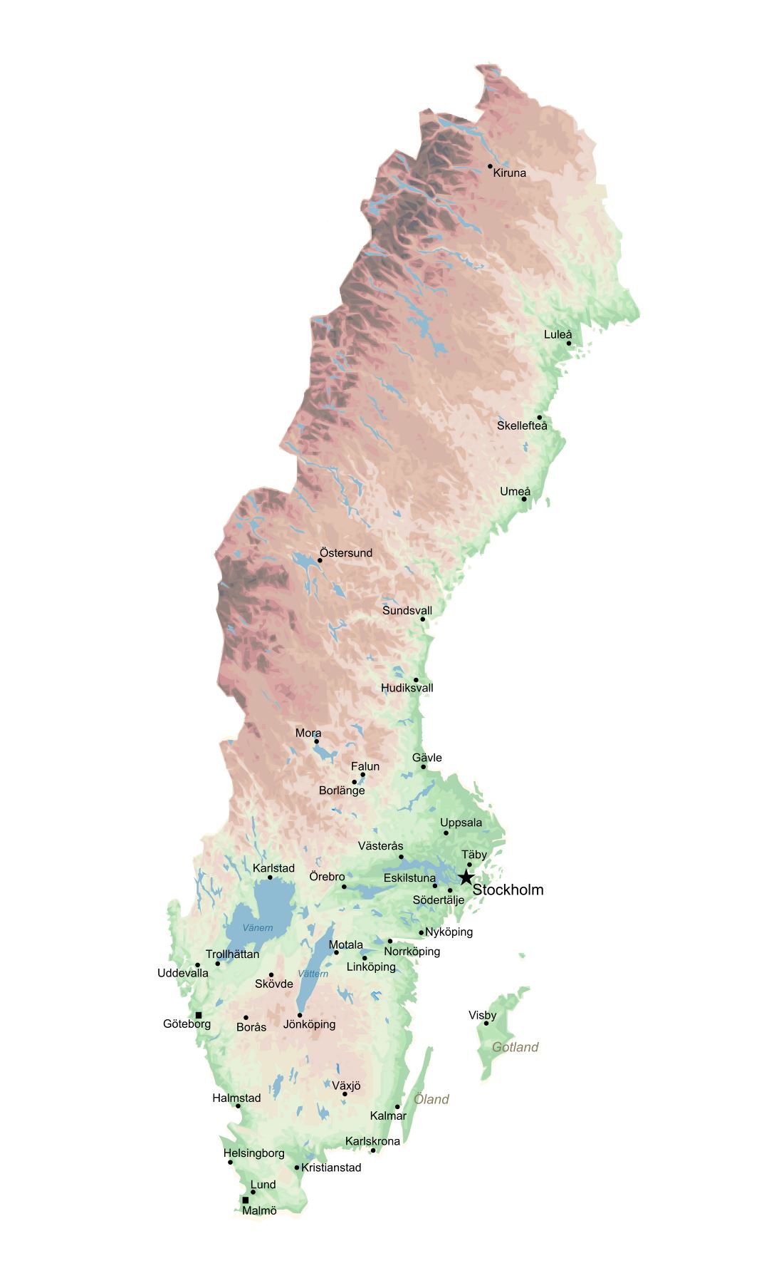 Large scale elevation map of Sweden with major cities