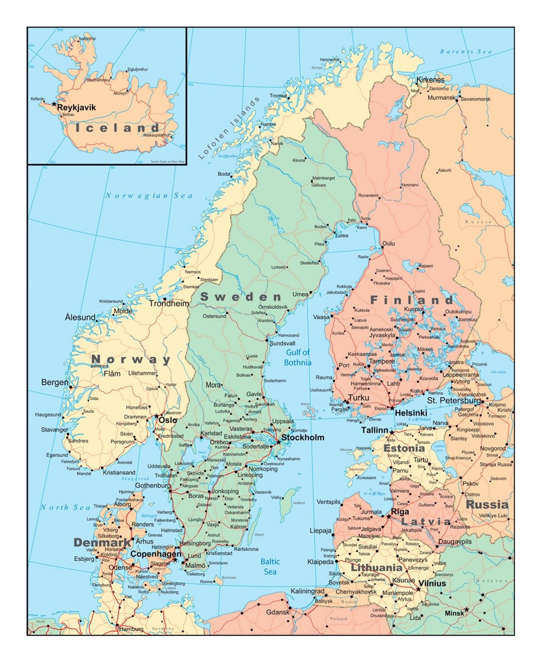 Political map of Scandinavia with roads and cities