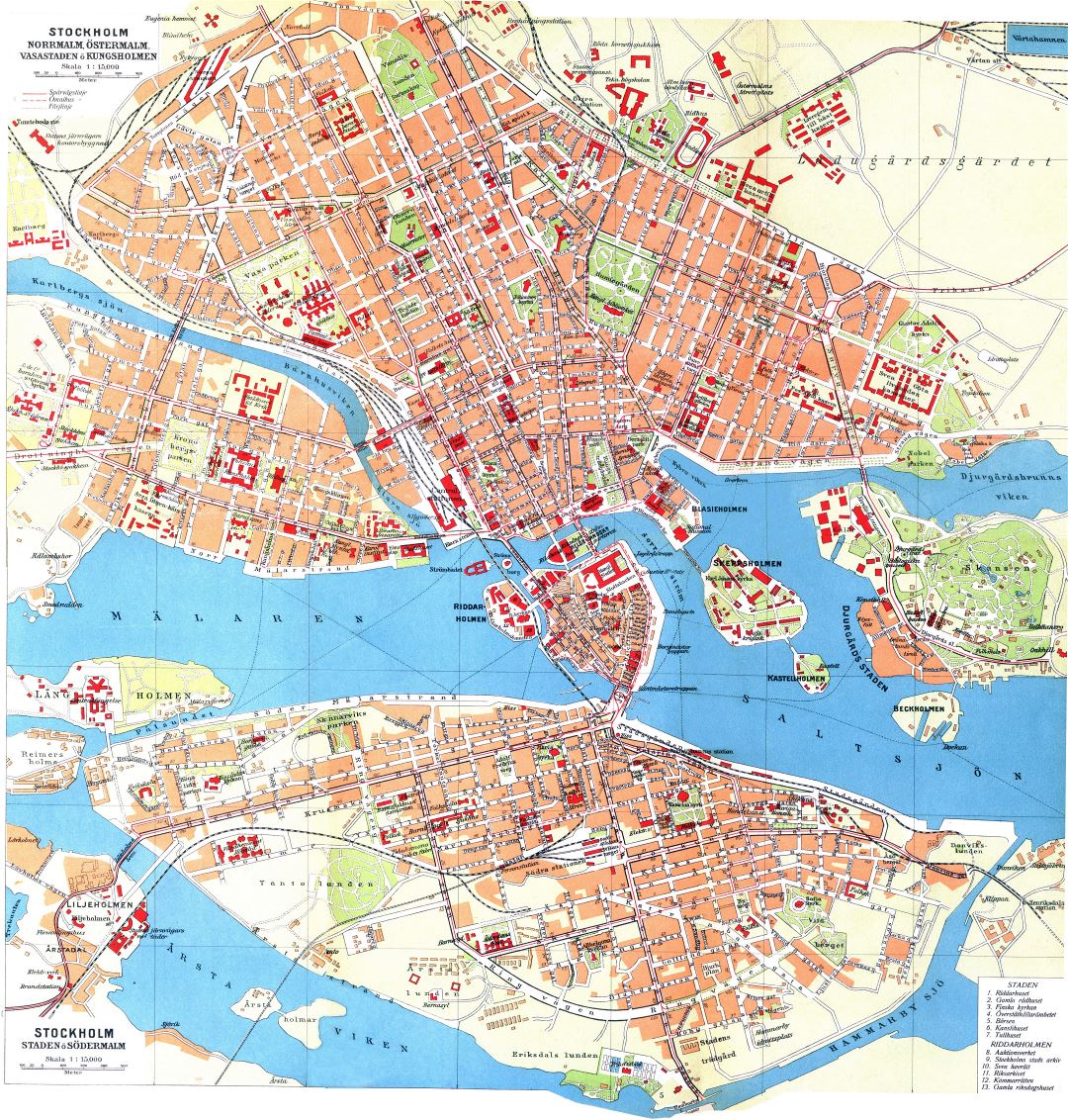 Large detailed old map of Stockholm city