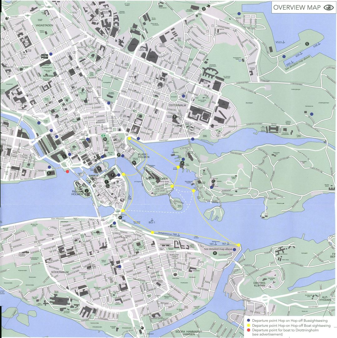 Large road and tourist map of Stockholm city center with buildings