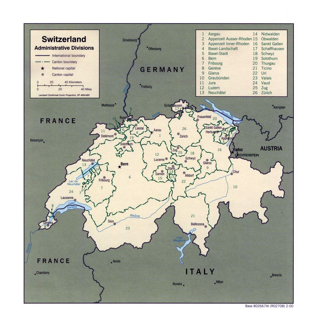 Detailed administrative divisions map of Switzerland