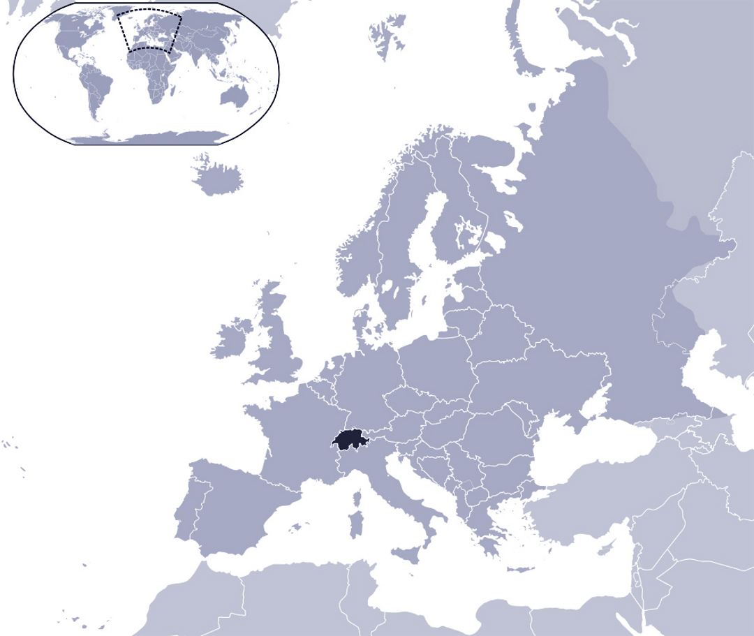 Detailed location map of Switzerland on map of Europe