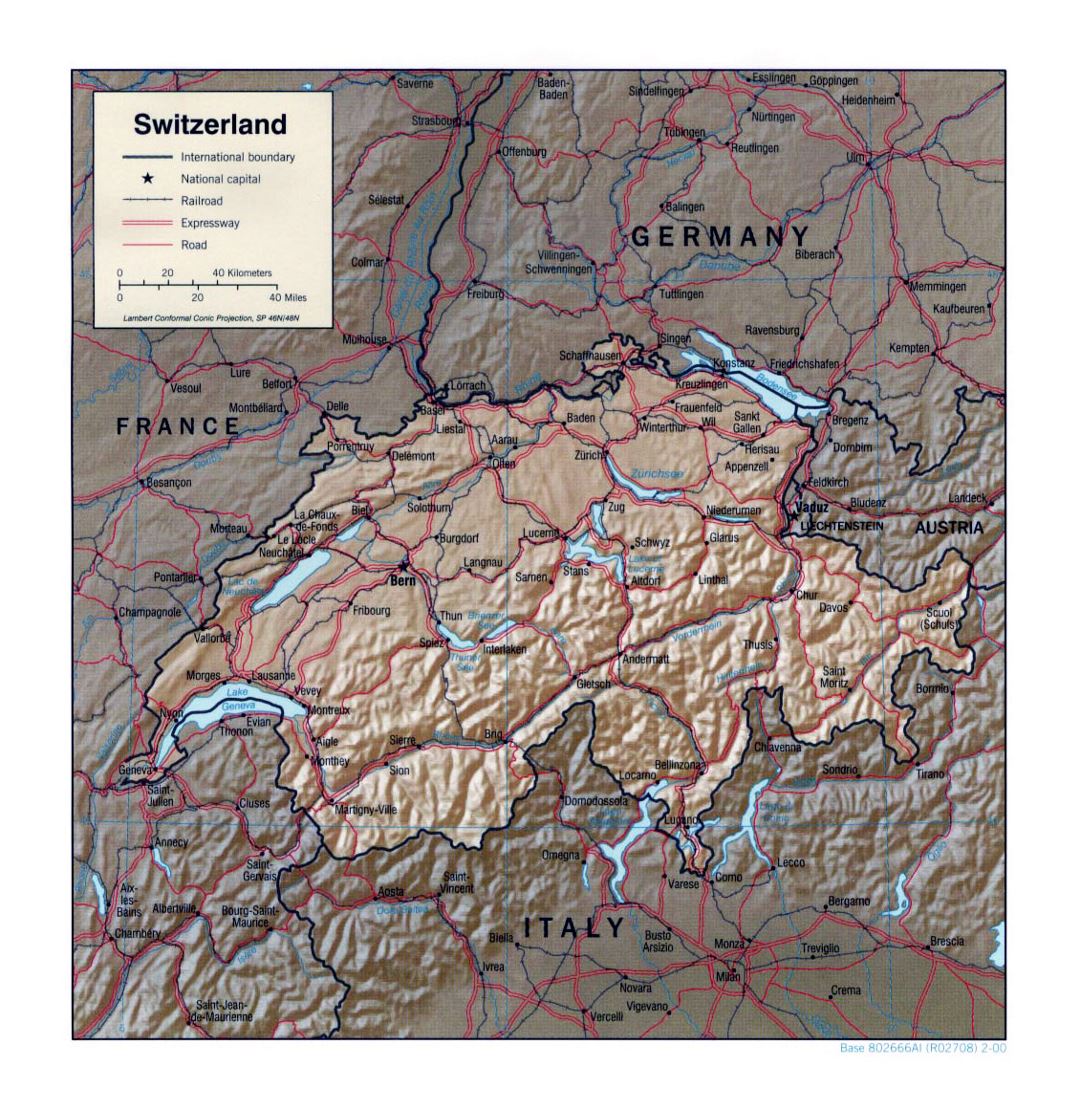 Detailed political map of Switzerland with relief, roads, railroads and major cities - 2000