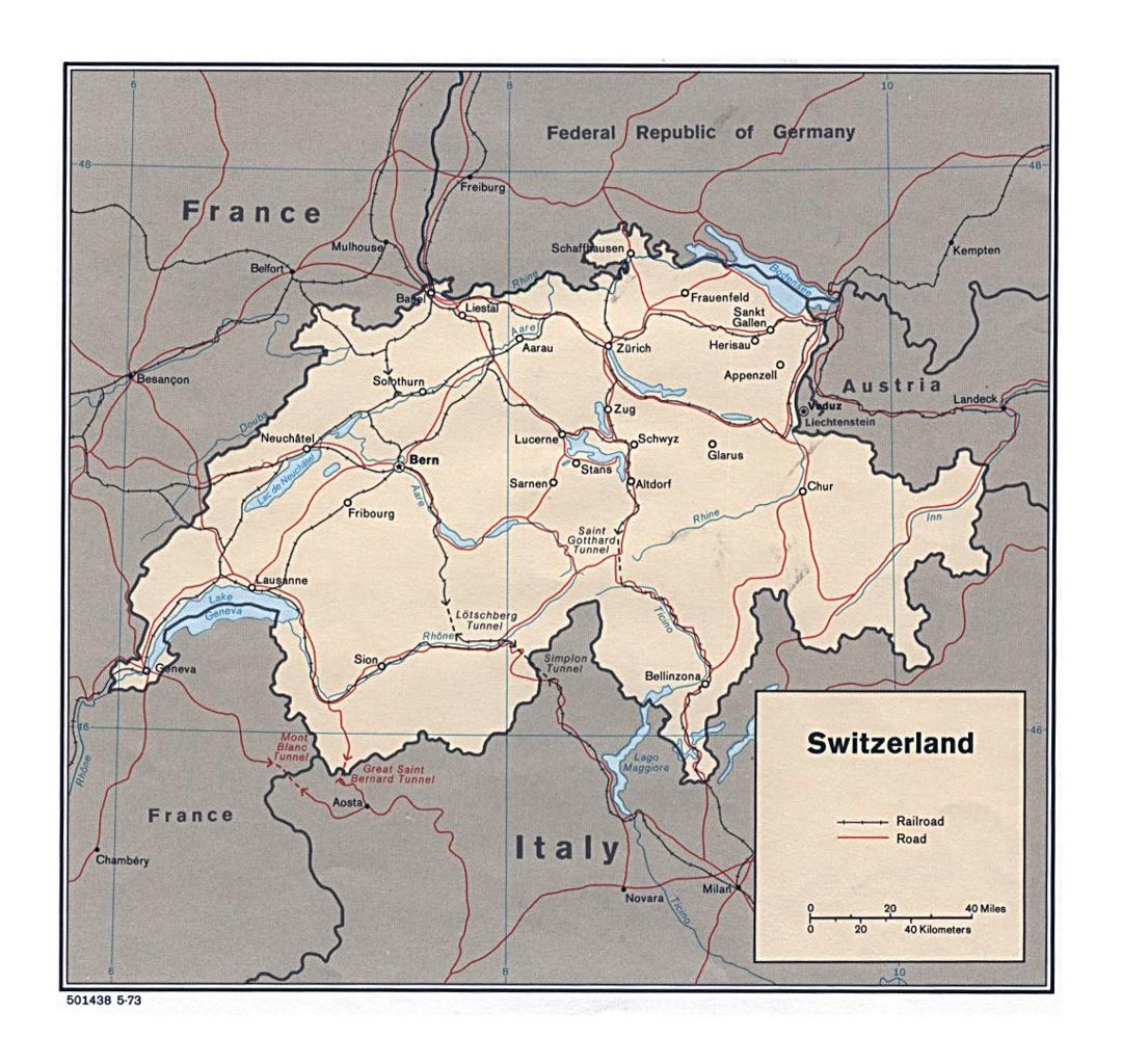 Detailed political map of Switzerland with roads, railroads and major cities - 1973