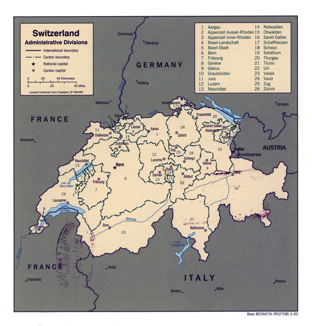 Large detailed administrative divisions map of Switzerland - 2000