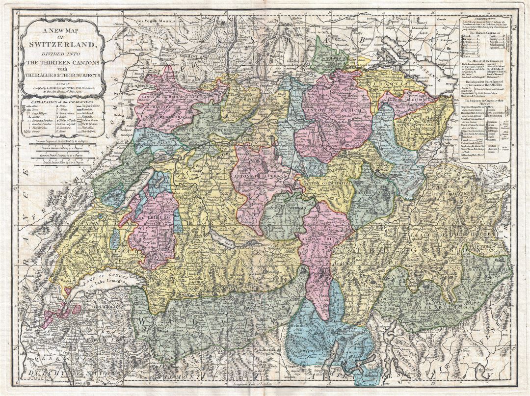 Large detailed old political and administrative map of Switzerland with relief, roads and cities