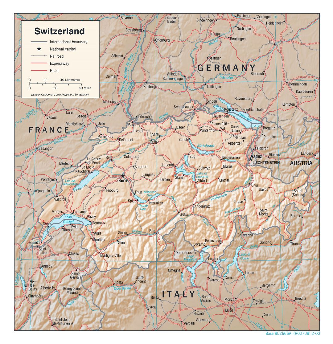 Large detailed political map of Switzerland with relief, roads, railroads and major cities - 2000