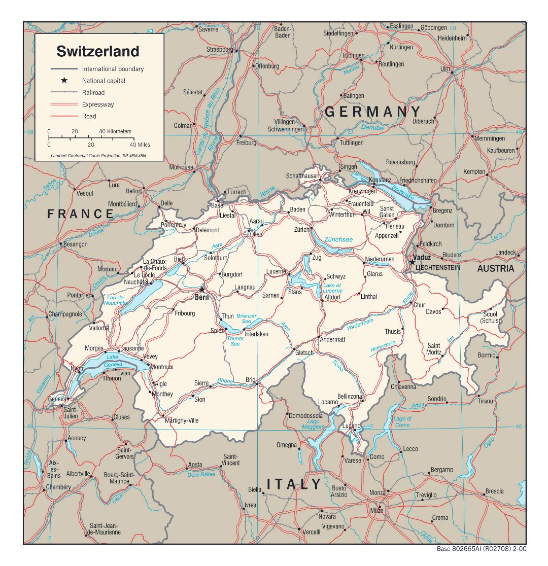 Large detailed political map of Switzerland with roads, railroads and major cities - 2000