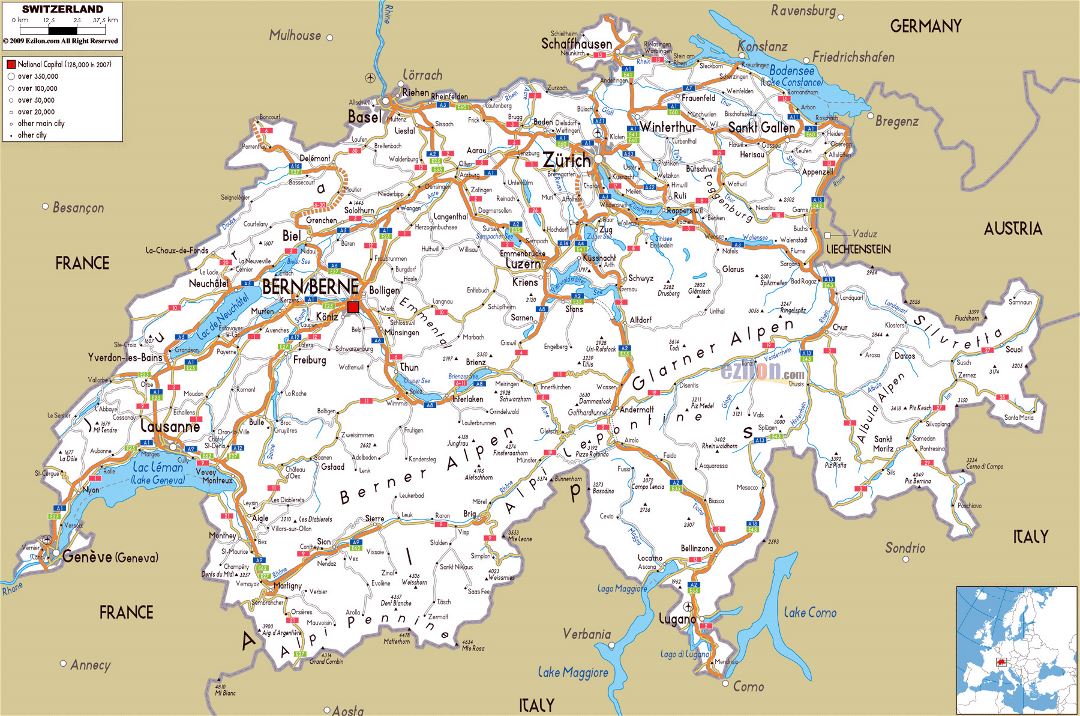 Large road map of Switzerland with cities and airports