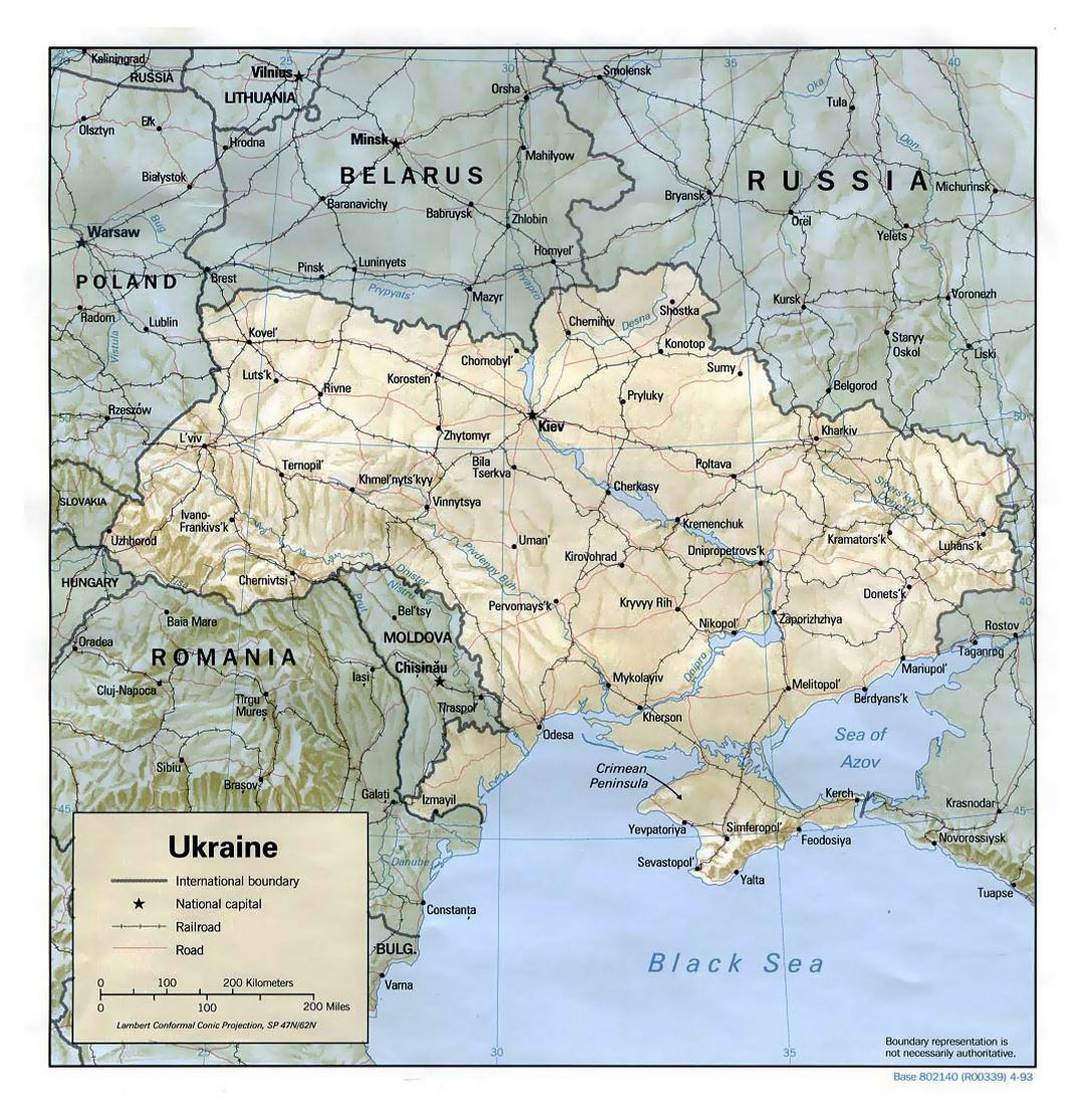 Detailed political map of Ukraine with relief, roads, railroads and major cities - 1993