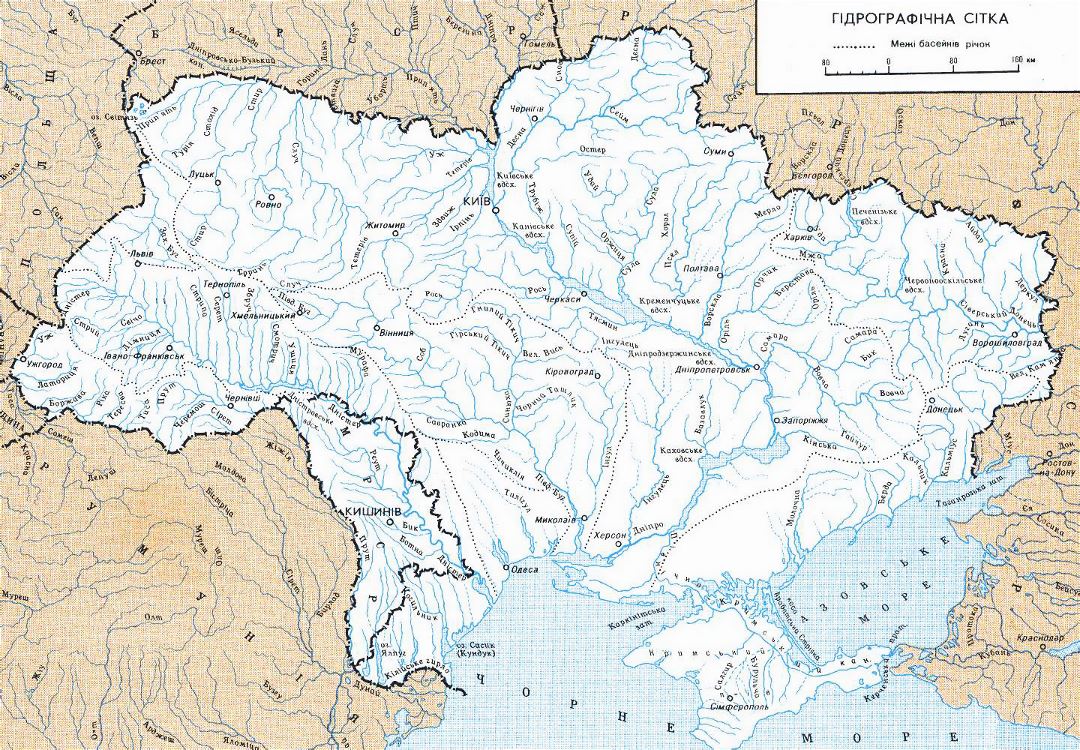 Detailed rivers map of Ukraine in ukrainian