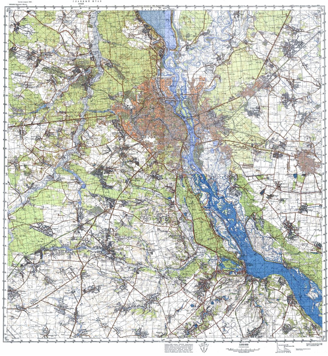 Large detailed topographical map of Kiev city in russian