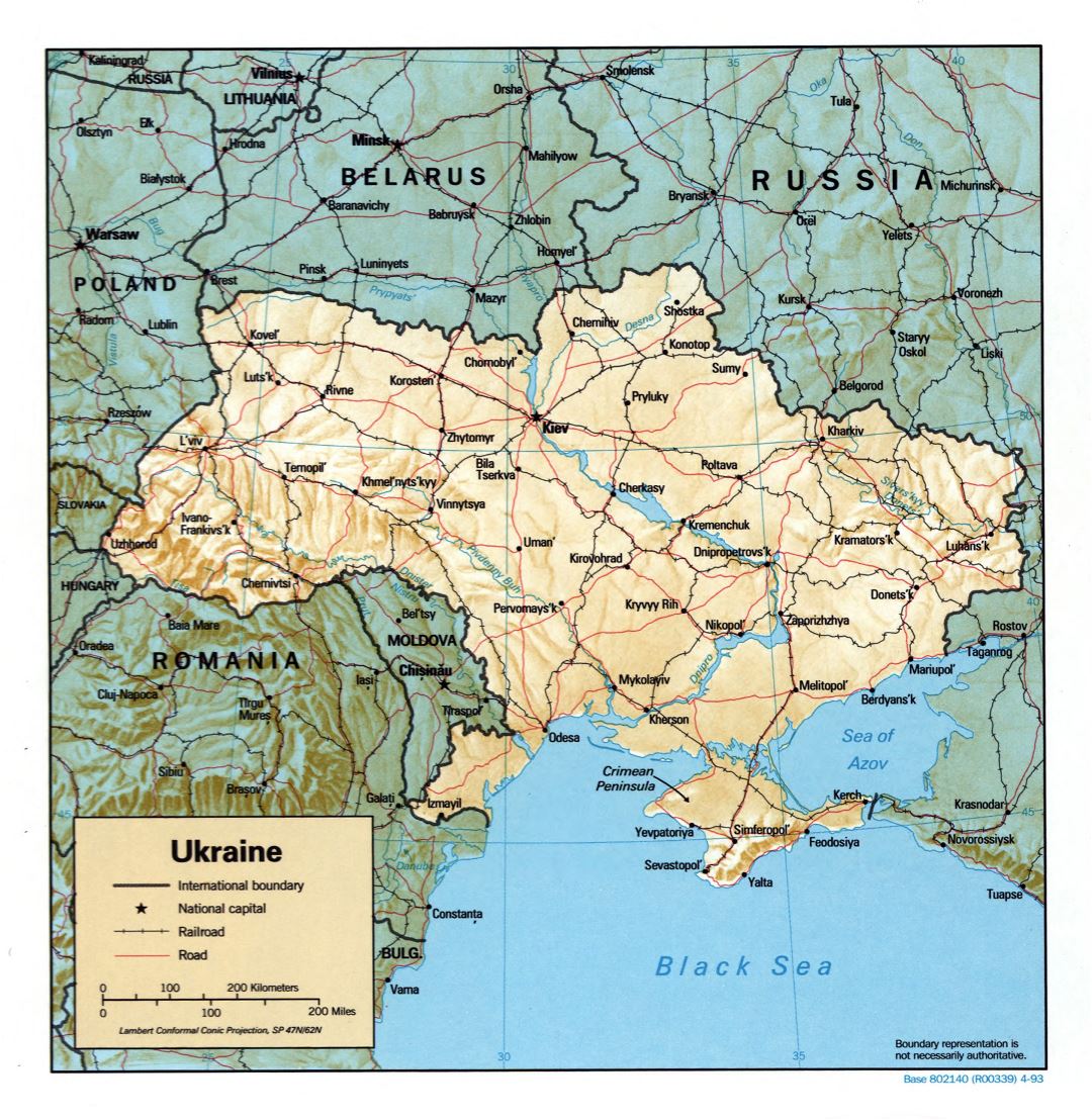 Large detailed political map of Ukraine with relief, roads, railroads and major cities - 1993