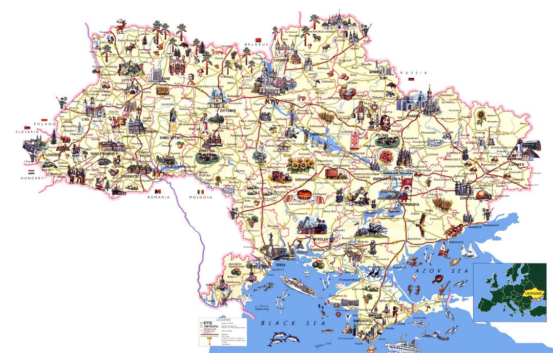 Large detailed tourist map of Ukraine
