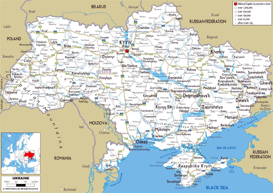 Large road map of Ukraine with cities and airports