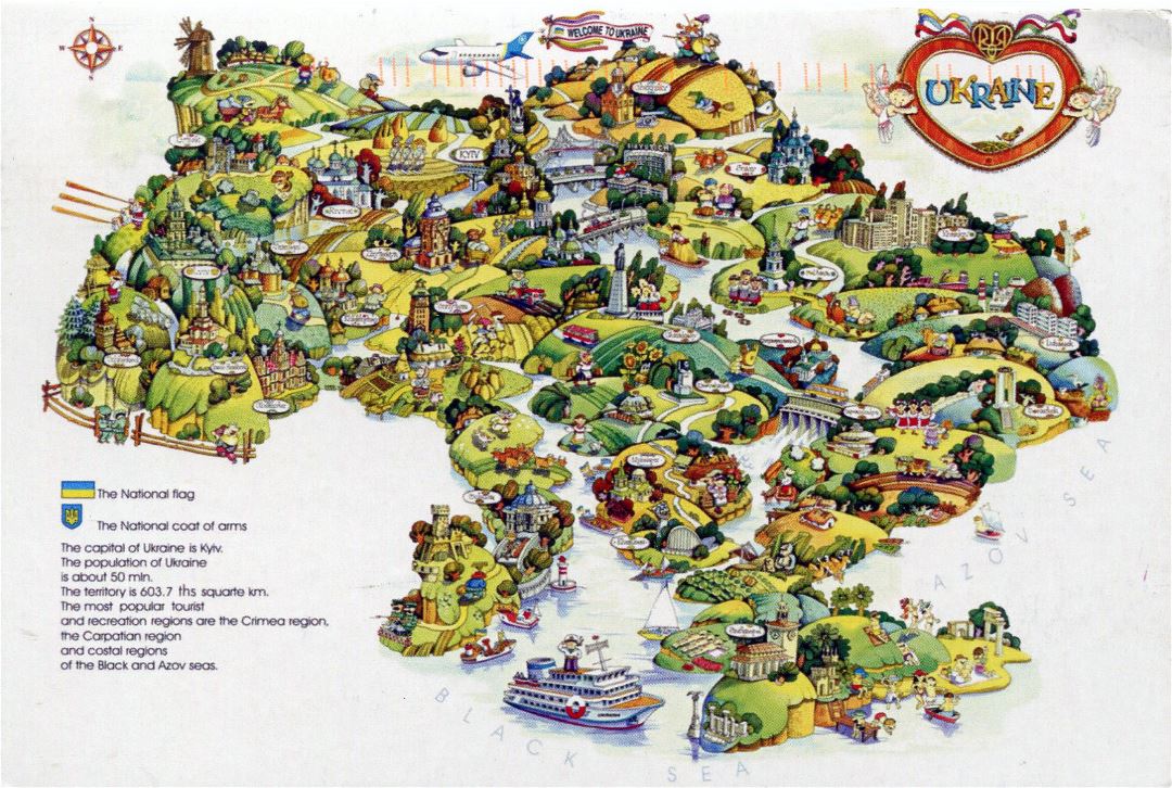 Large tourist illustrated map of Ukraine