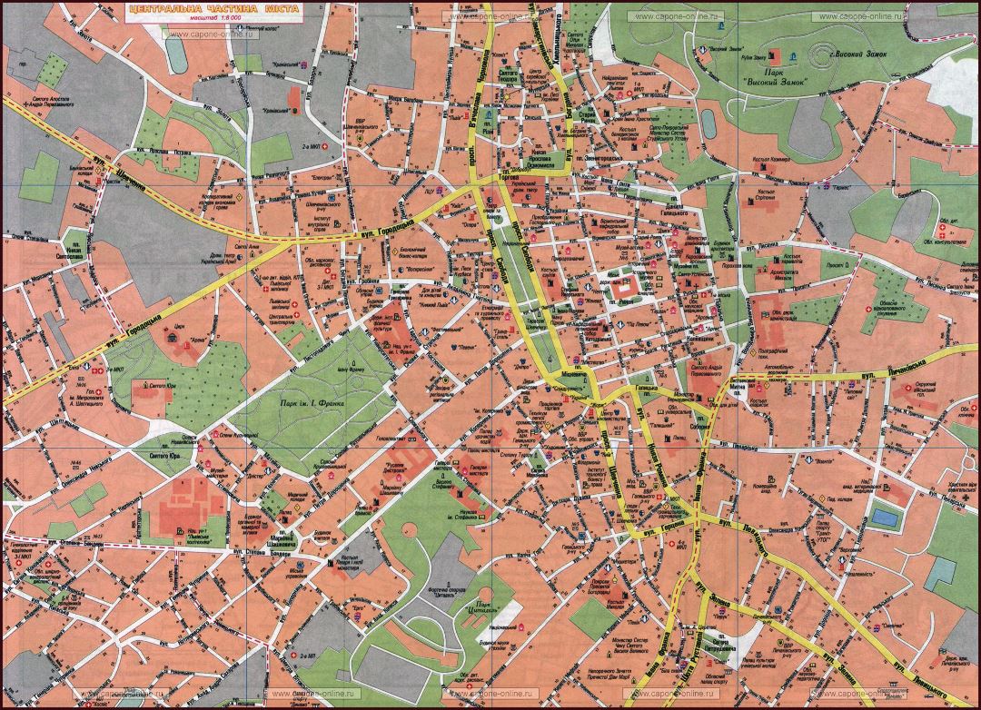 Large detailed road map of Lviv city center in ukrainian