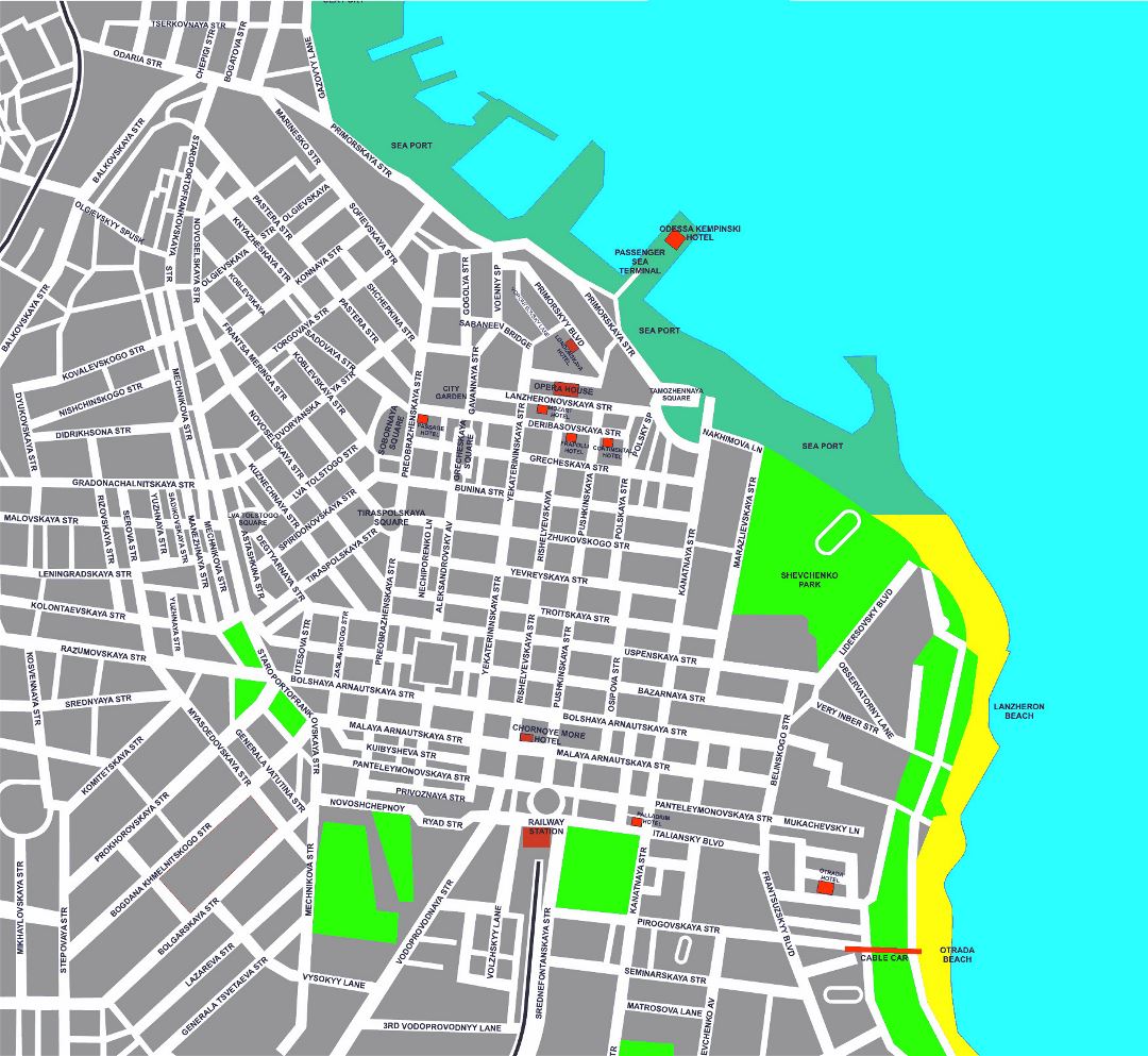 Detailed hotels map of Odessa city center in english