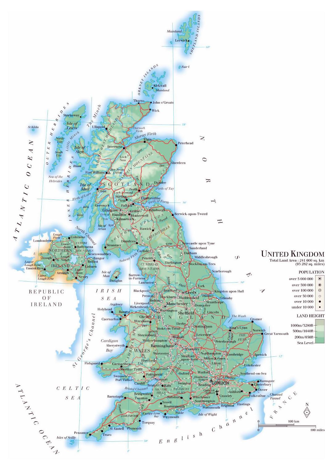 Detailed physical map of United Kingdom with roads, cities and airports
