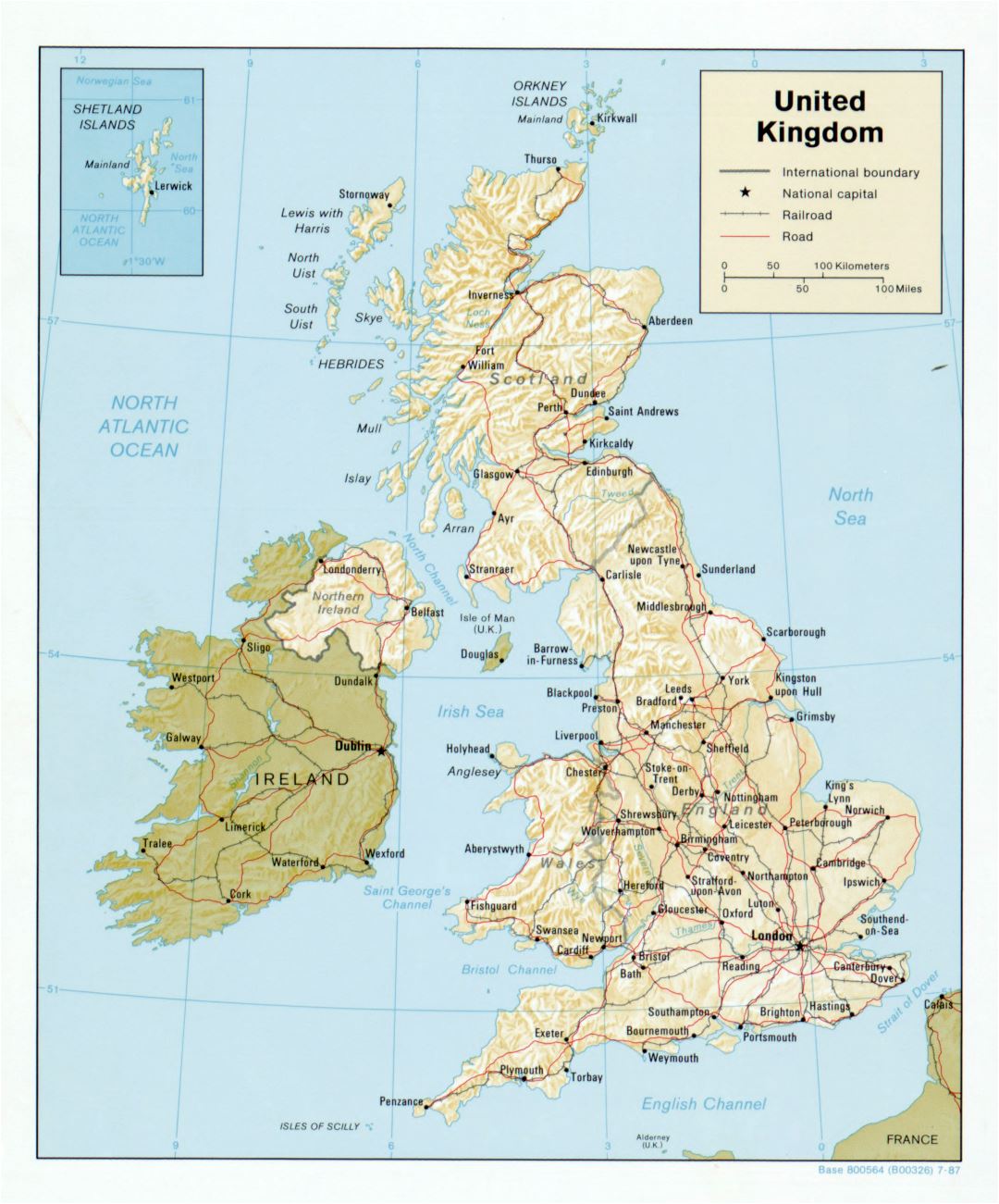 Large detailed political map of United Kingdom with relief, roads, railroads and major cities - 1987