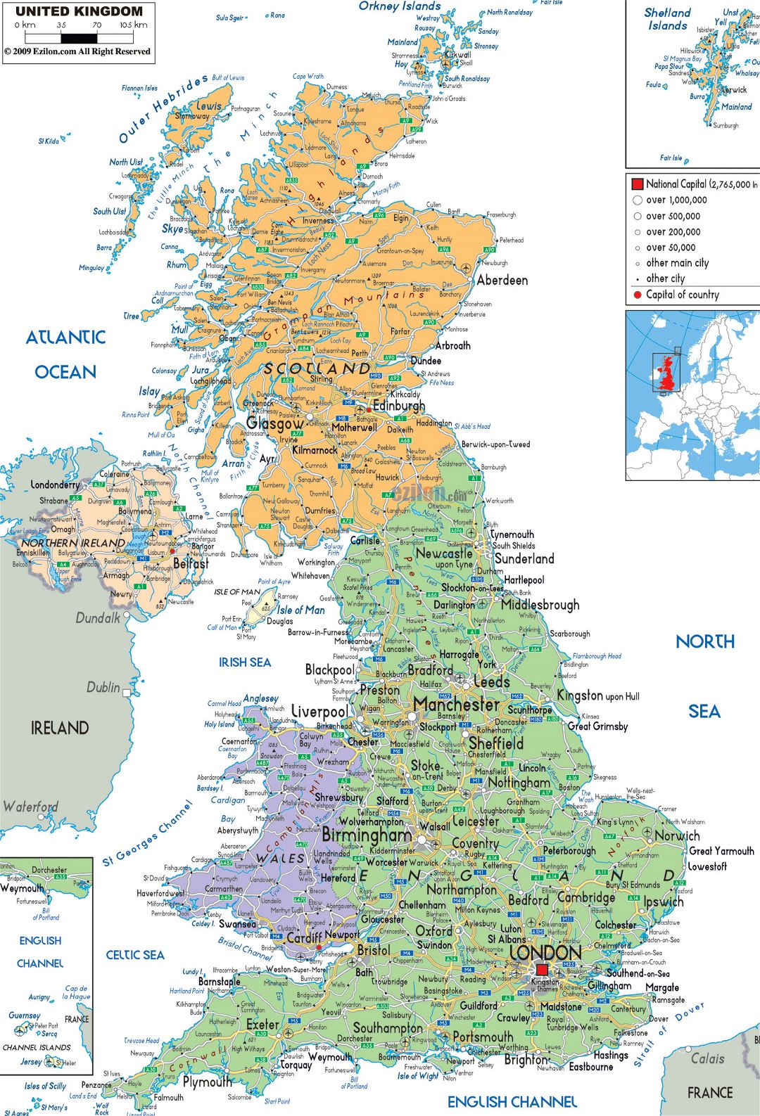 Large political and administrative map of United Kingdom with roads, cities and airports