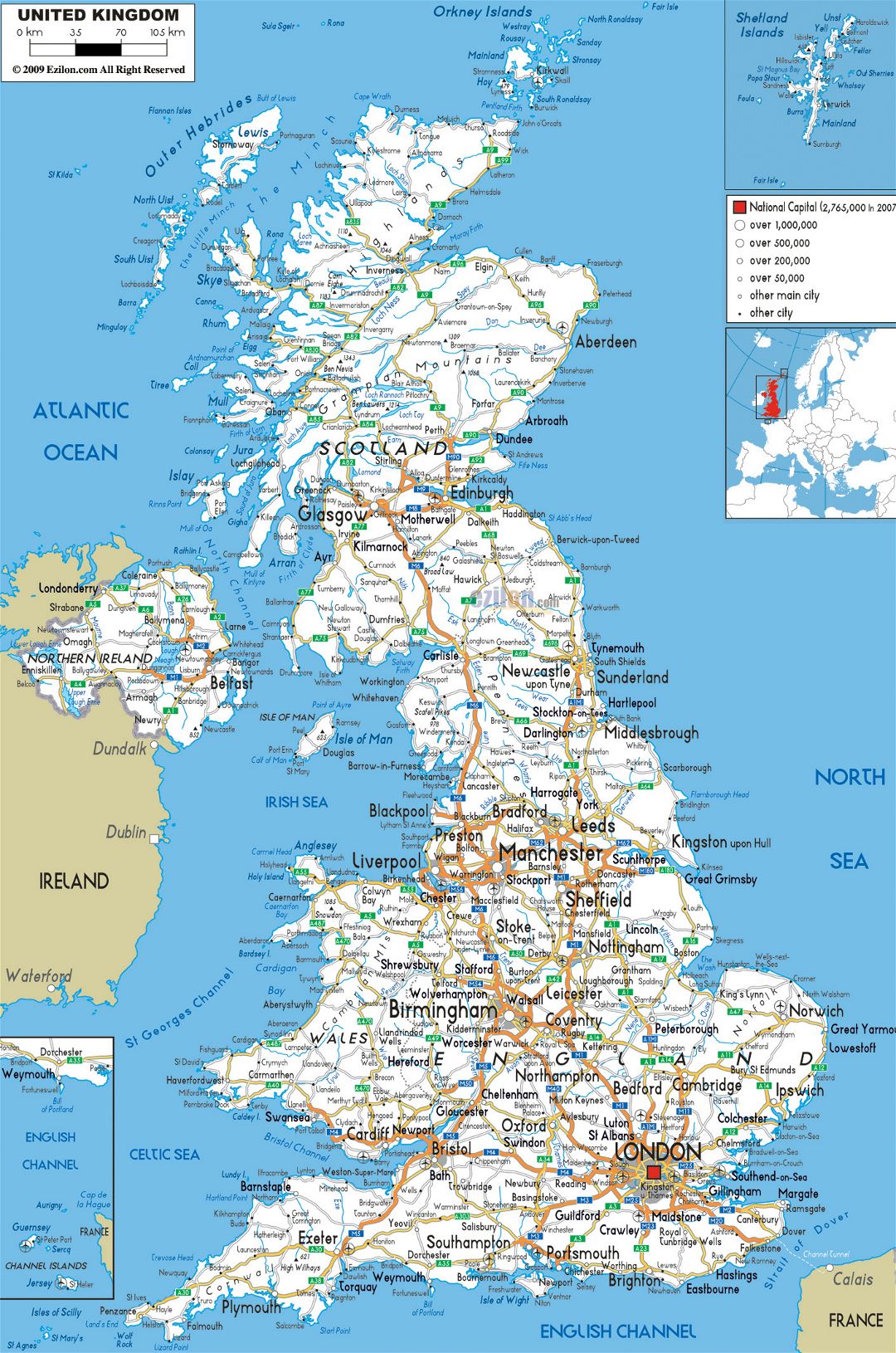 Large road map of United Kingdom with cities and airports