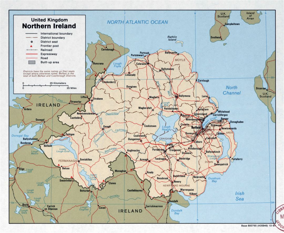Large scale political and administrative map of Northern Ireland with roads, railroads and major cities - 1987