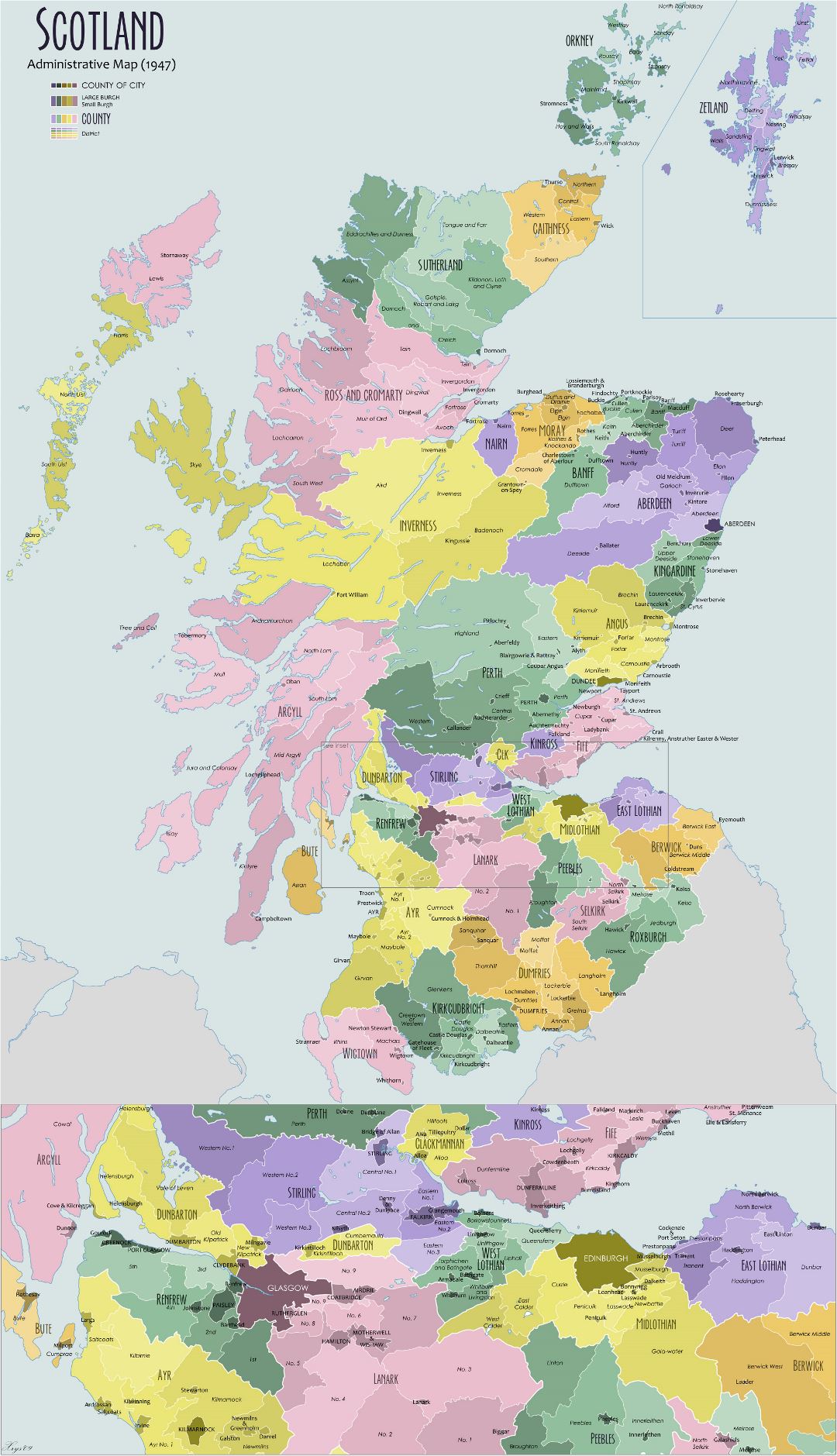 Large detailed administrative map of Scotland - 1947