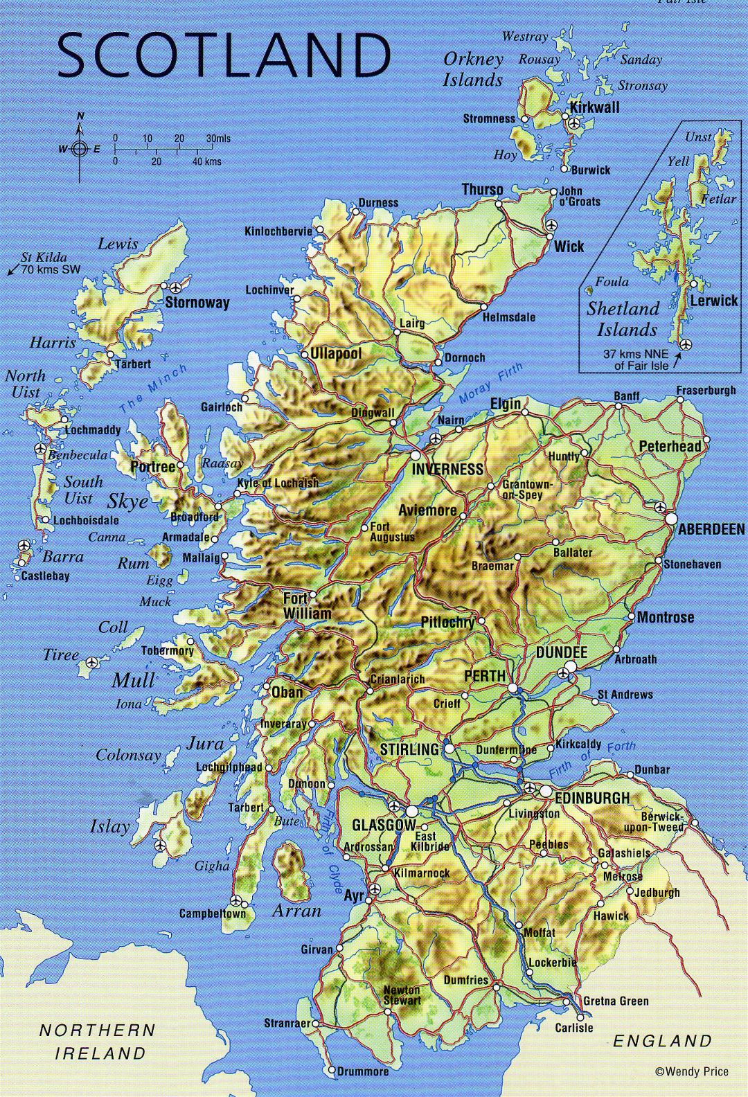 Large detailed map of Scotland with relief, roads, major cities and airports