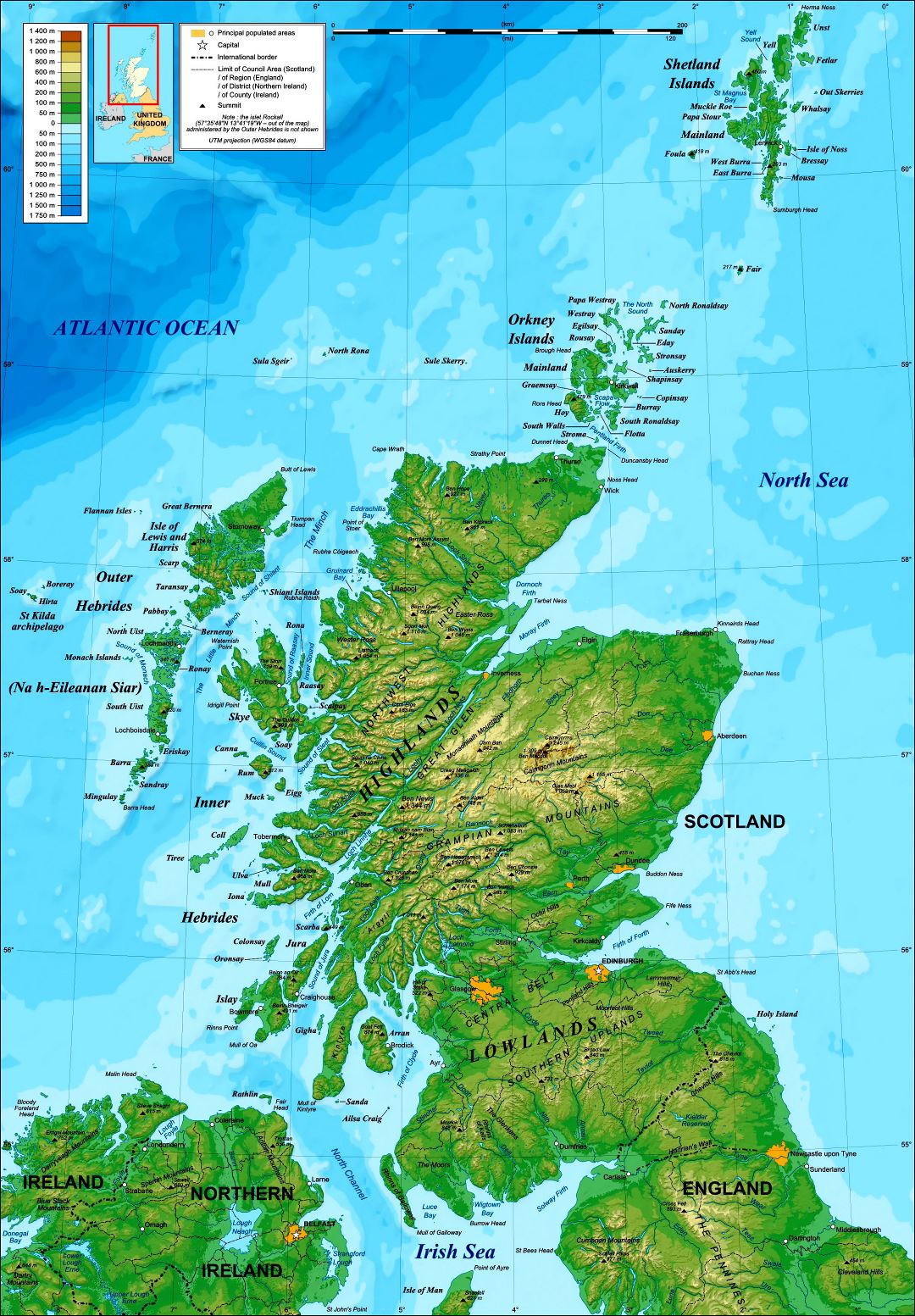 Large detailed topographical map of Scotland