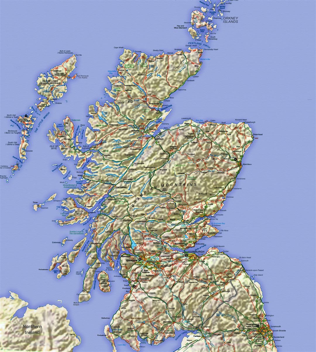 Large map of Scotland with relief, roads, major cities and airports