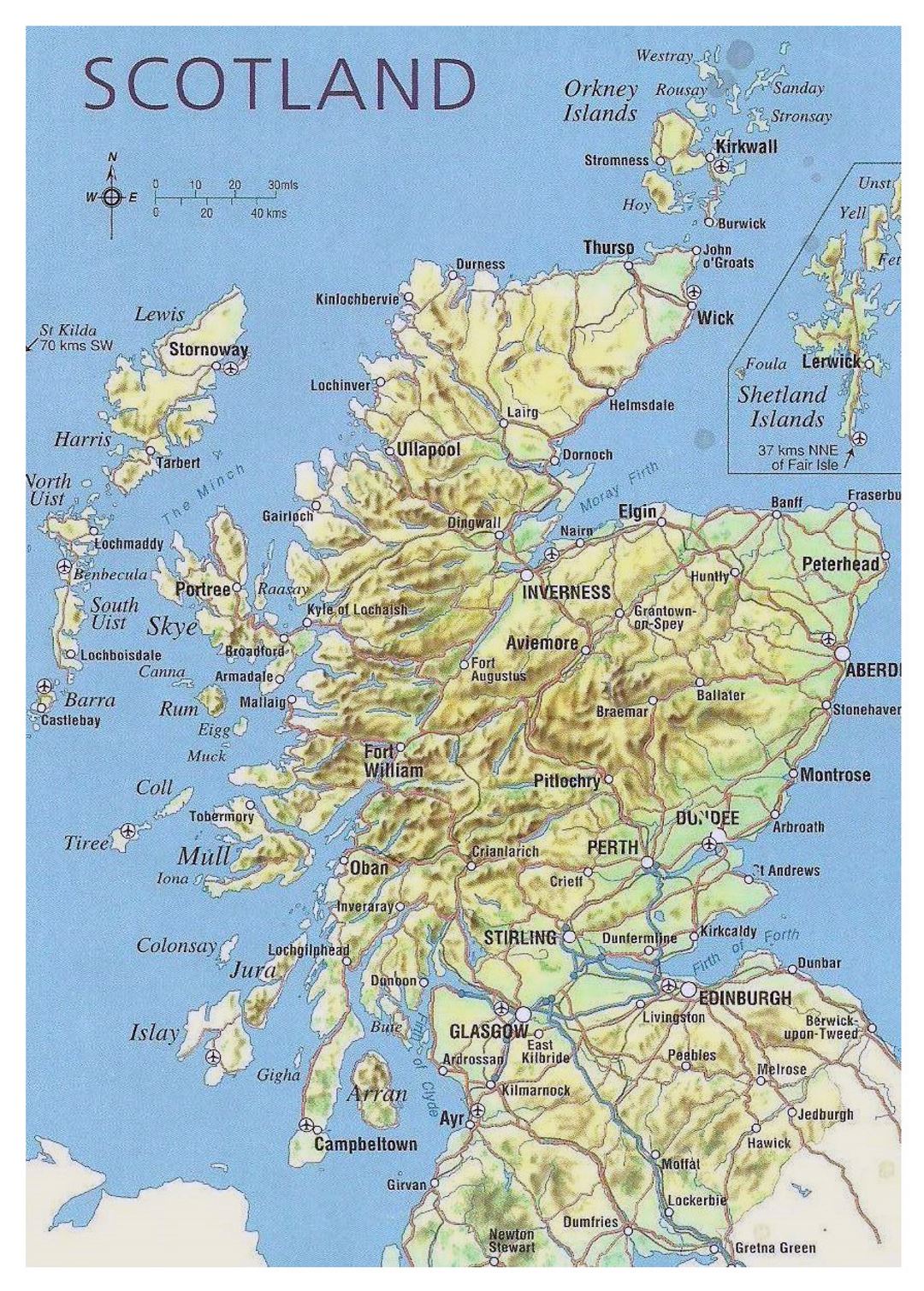 Map of Scotland with relief, roads, major cities and airports