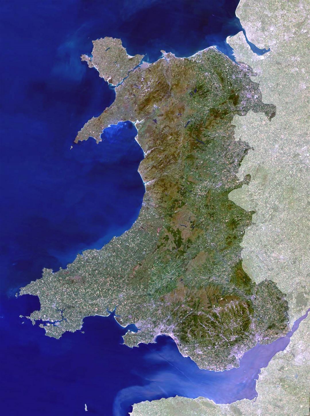 Detailed satellite map of Wales