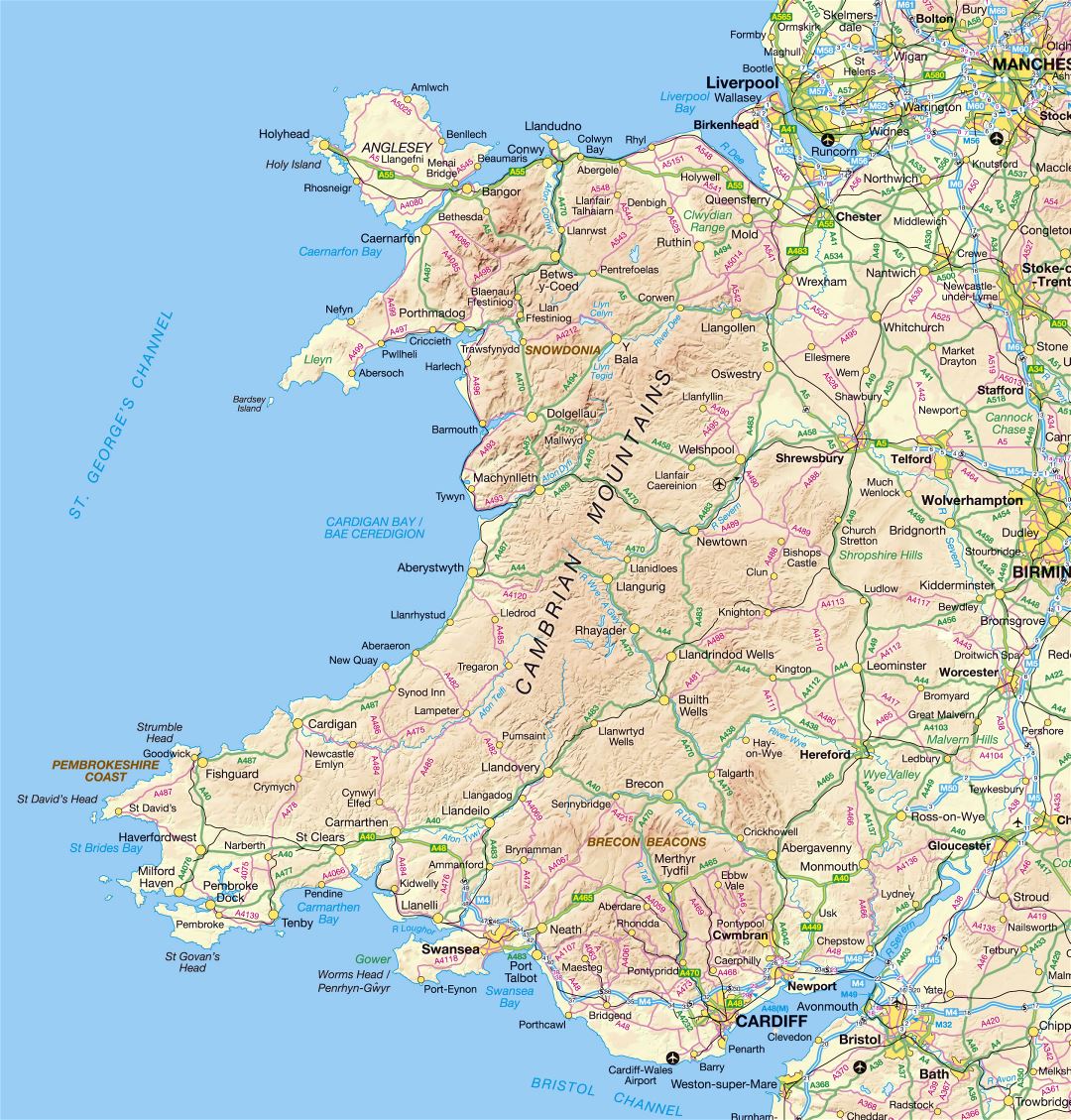 Large detailed map of Wales with relief, roads and cities