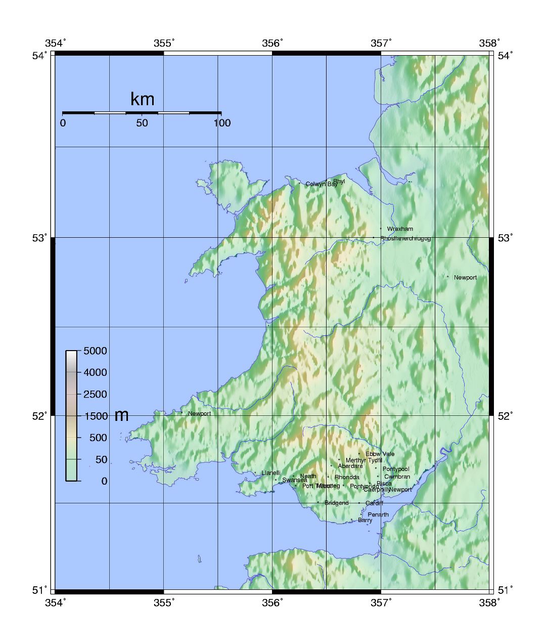 Large topographical map of Wales