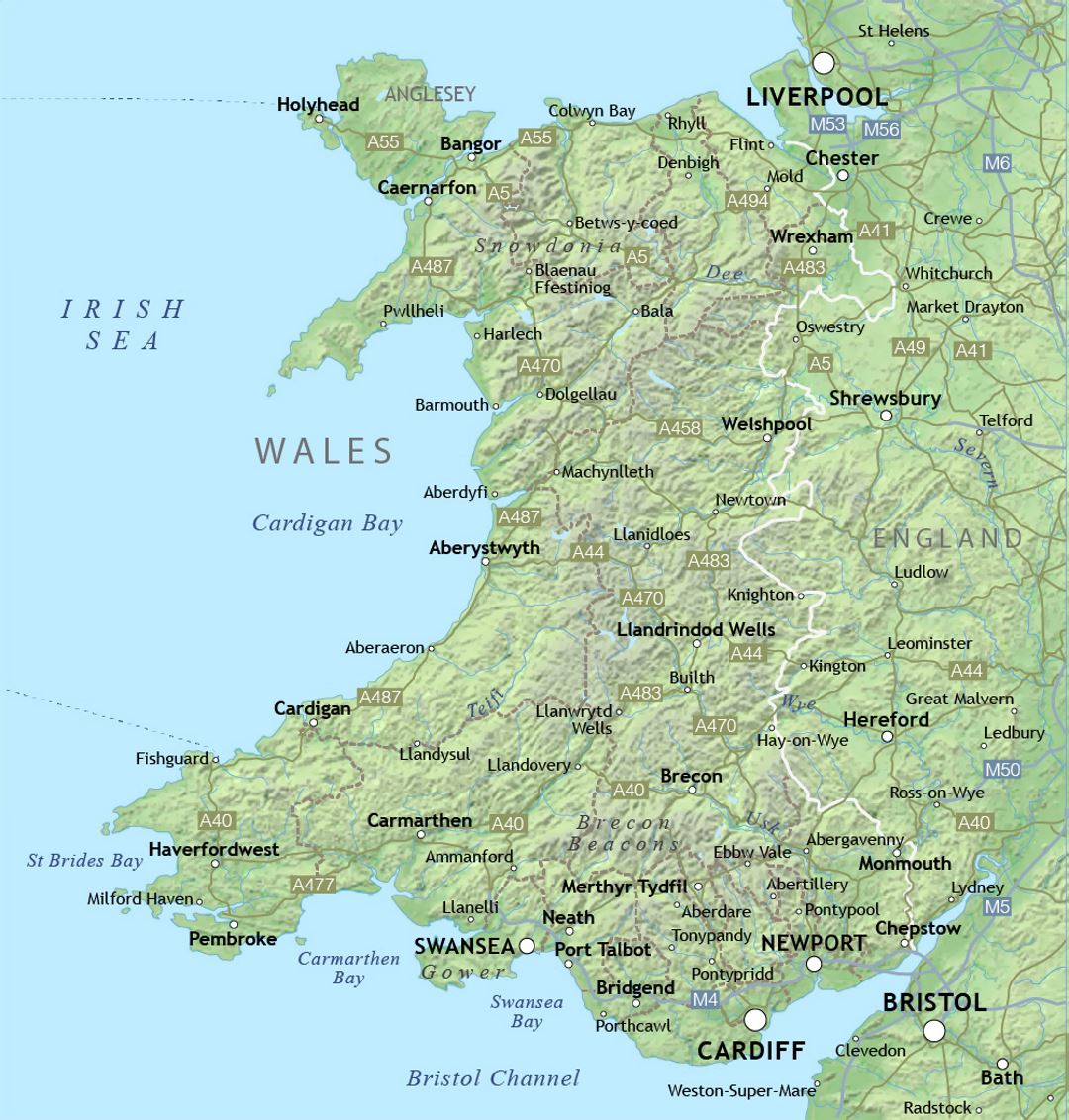 Map of Wales with relief and cities