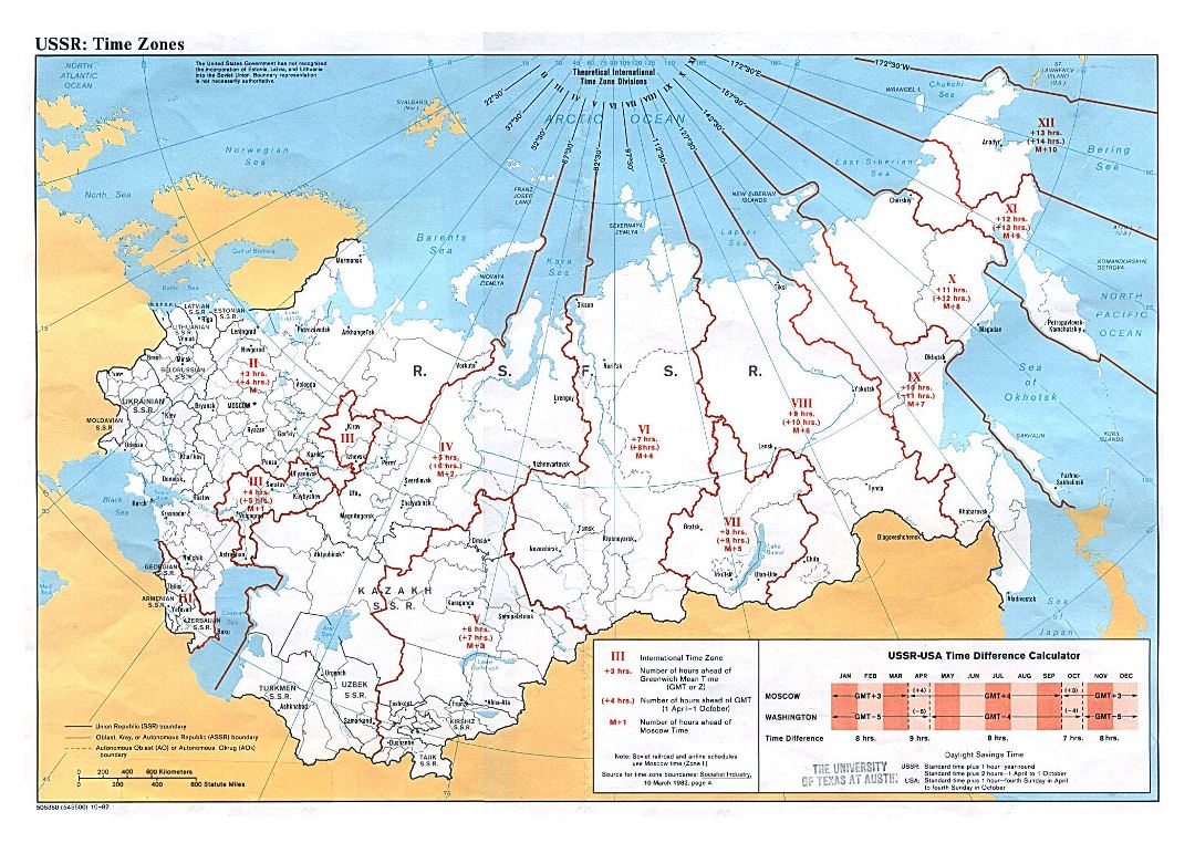 Large detailed Time Zones map of the USSR - 1982