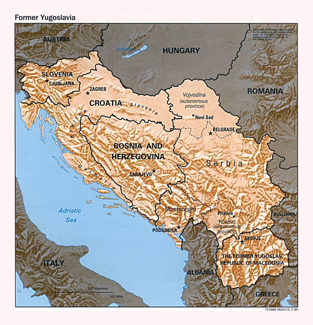 Detailed political map of Yugoslavia with relief - 1996