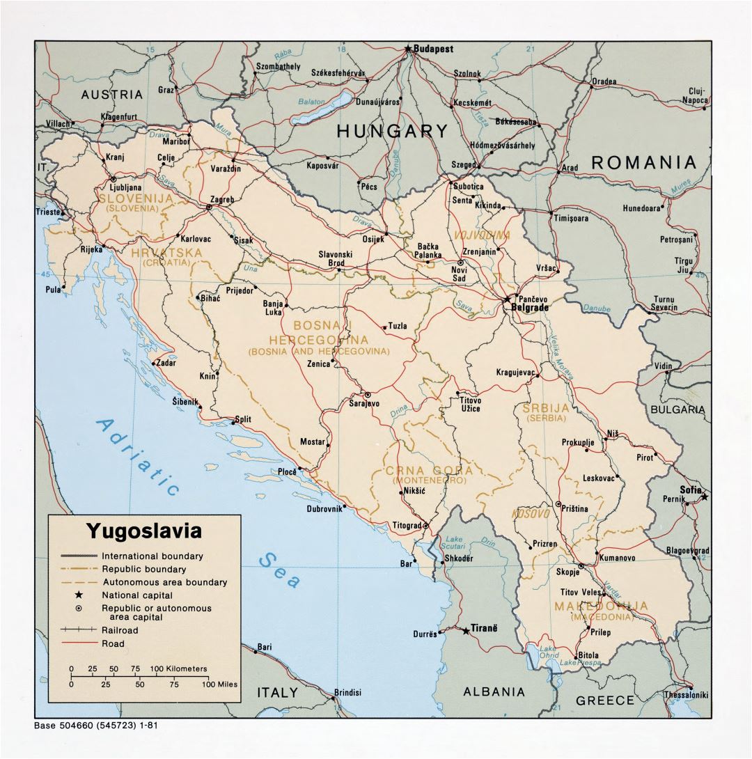 Large detailed political map of Yugoslavia with roads, railroads and major cities - 1981